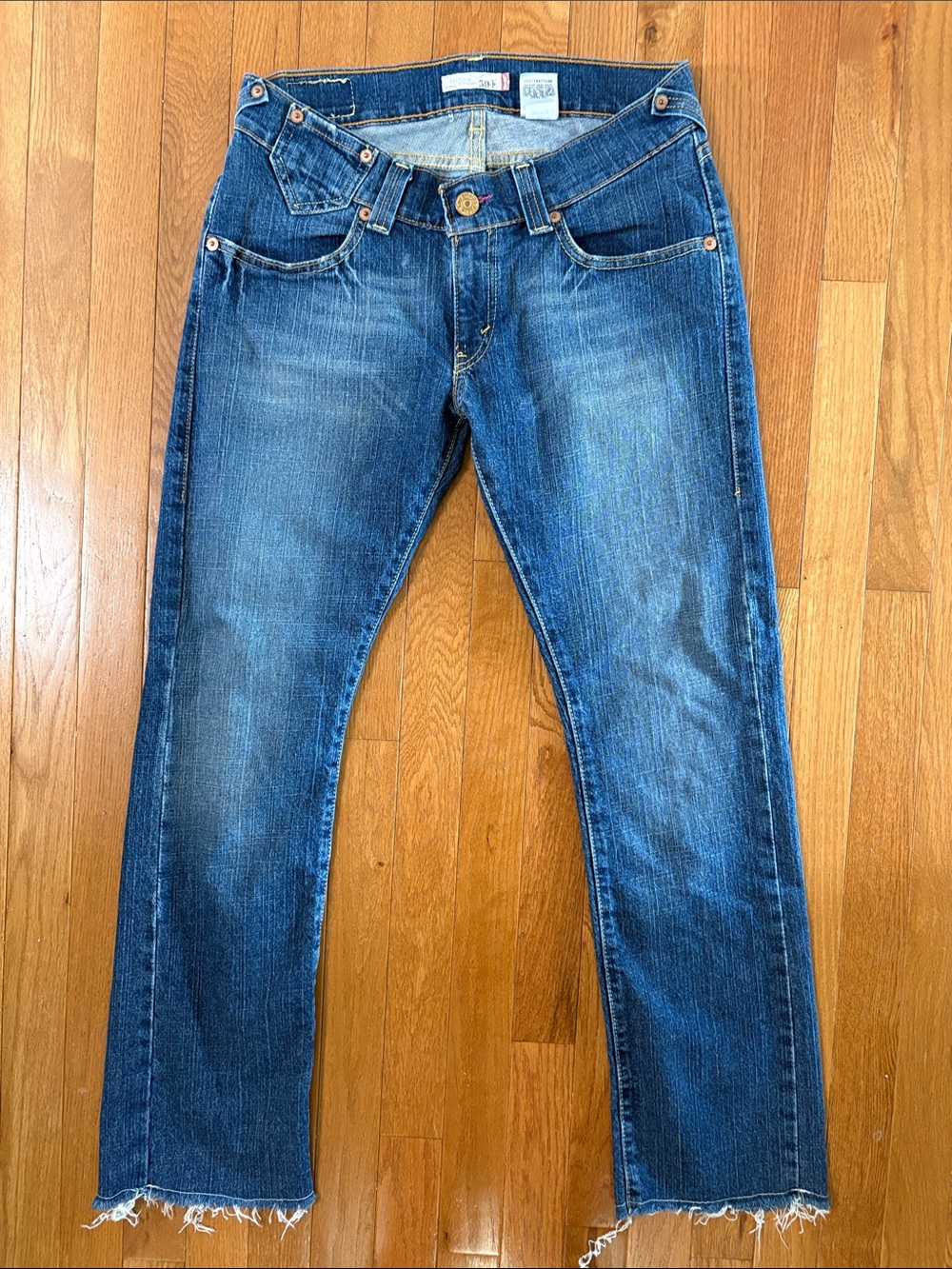 Levi’s 504 Slouch Straight Jeans Medium Wash Raw Hem Stretch Denim 7m